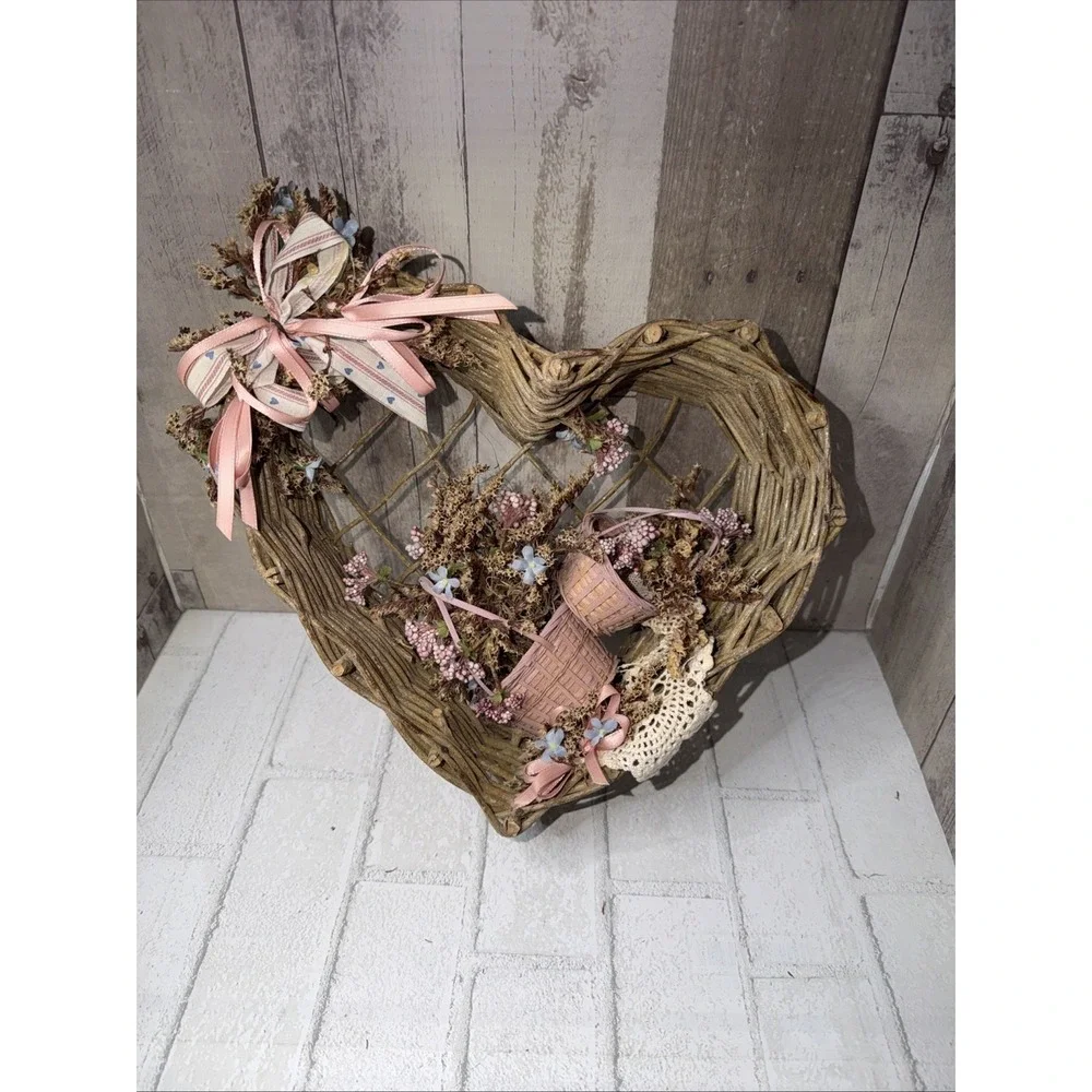 Twig Heart Wreath Primitive Rustic Country Cottage Pink Floral Basket Wall Decor